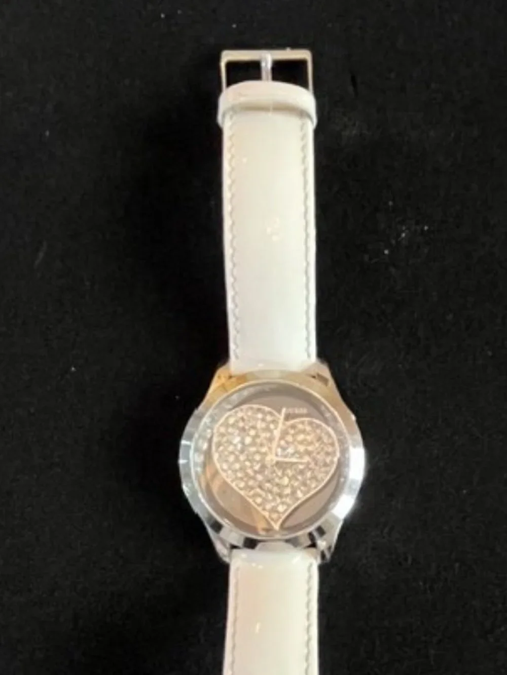 GUESS | Clearly Heart Silver-tone White Patent Leather Band-NEW Battery